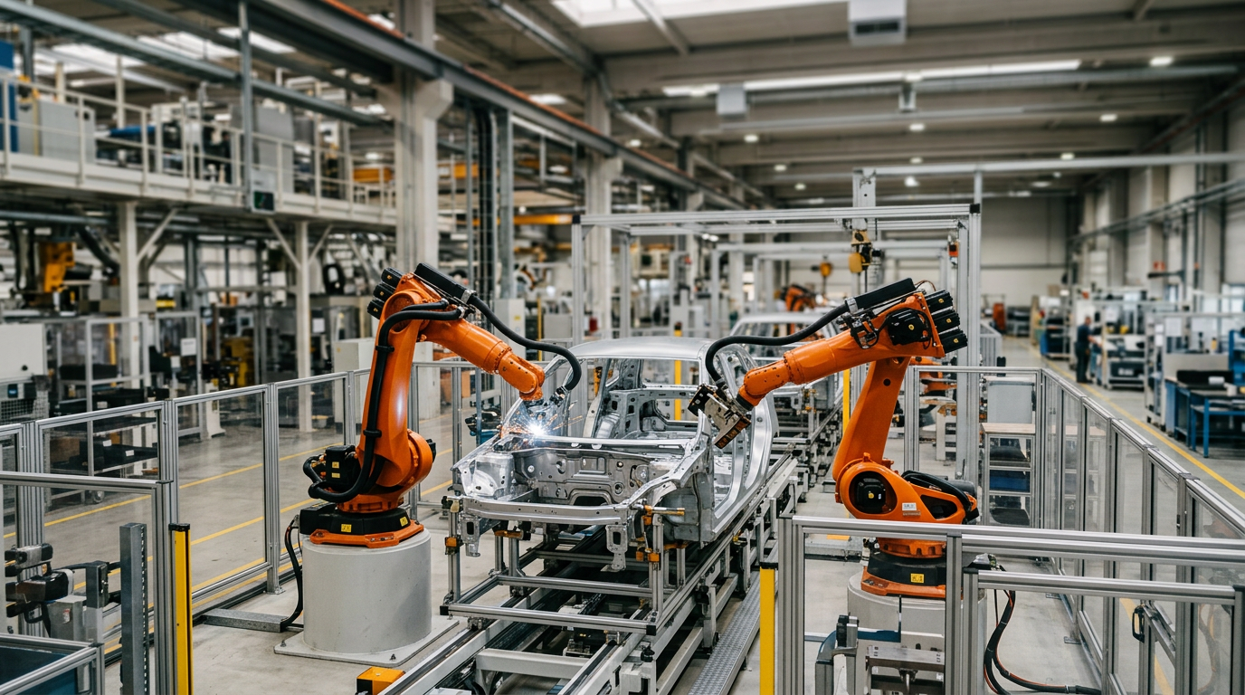 Robotic workcell on an assembly line.